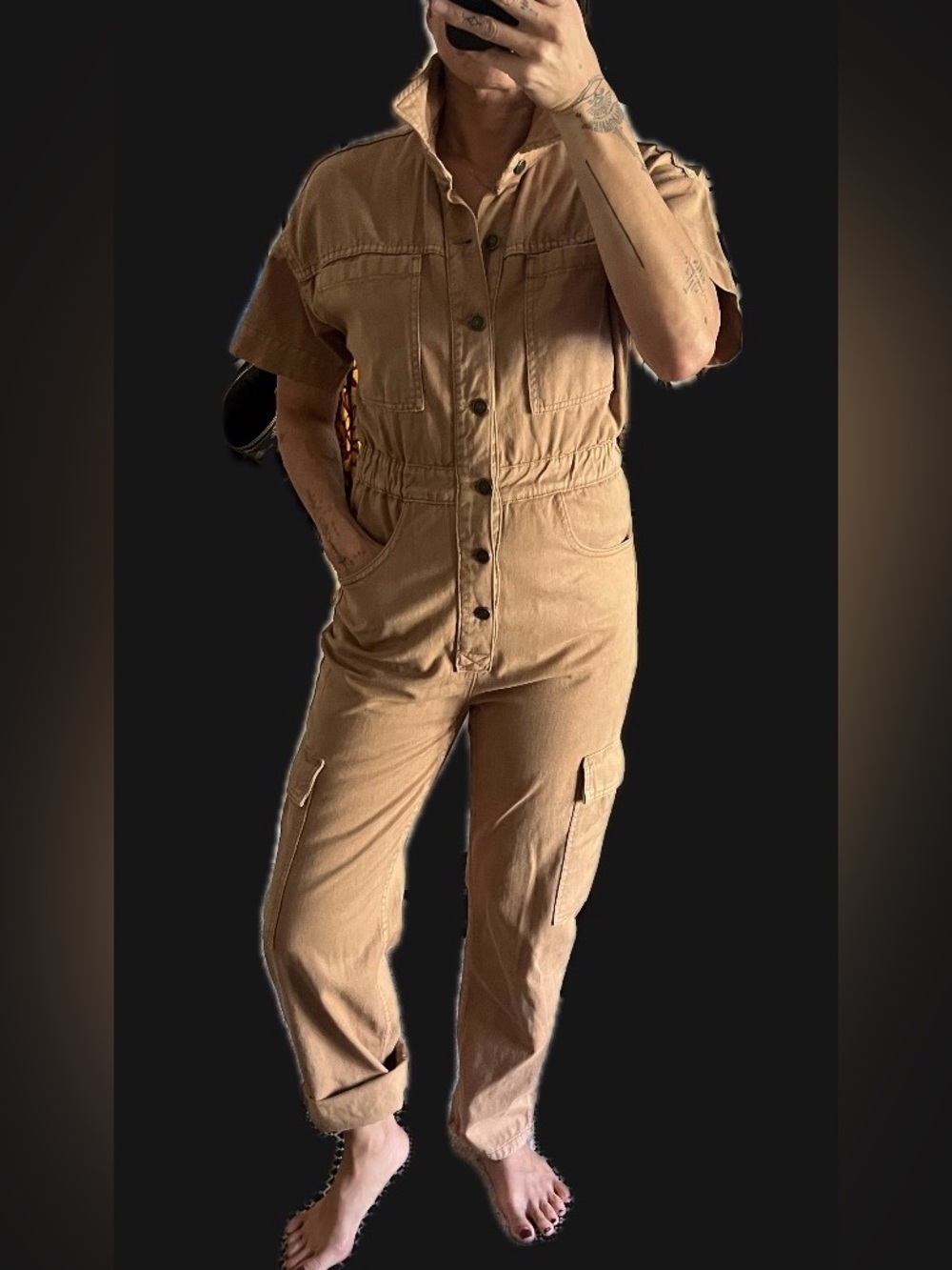 We The Free Short-Sleeve Utility Jumpsuit in Tan